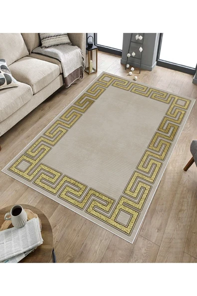 Makinede Yıkanabilir Leke Tutmaz  Krem-Gold Pvc Deri Kaymaz Taban Versace Salon Saçaksız Halı B1239  BEJ-SİYAH 100 x 200 - 5