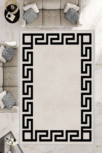 Makinede Yıkanabilir Leke Tutmaz  Krem-Siyah Deko Deri Kaymaz Taban Çerçeve Salon Saçaksız Halı B1238  GRİ 100 x 200