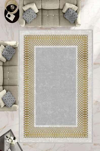 Makinede Yıkanabilir Leke Tutmaz  Gri-Gold Deko Deri Kaymaz Taban Çerçeve Salon Saçaksız Halı B1225  KREM-BİZON 120 x 180