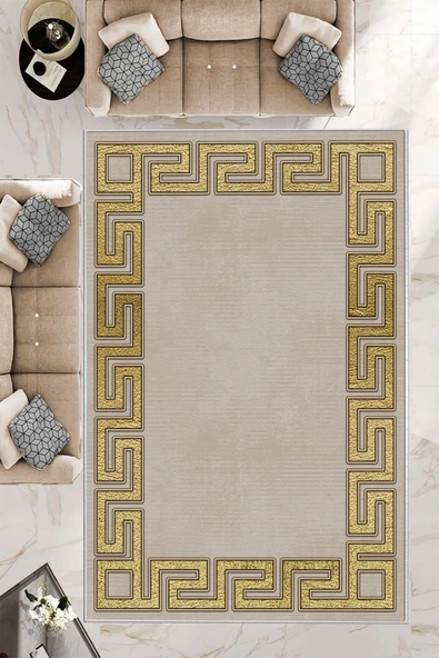 Makinede Yıkanabilir Leke Tutmaz  Krem-Gold Pvc Deri Kaymaz Taban Versace Salon Saçaksız Halı B1239  BEJ-SİYAH 120 x 180