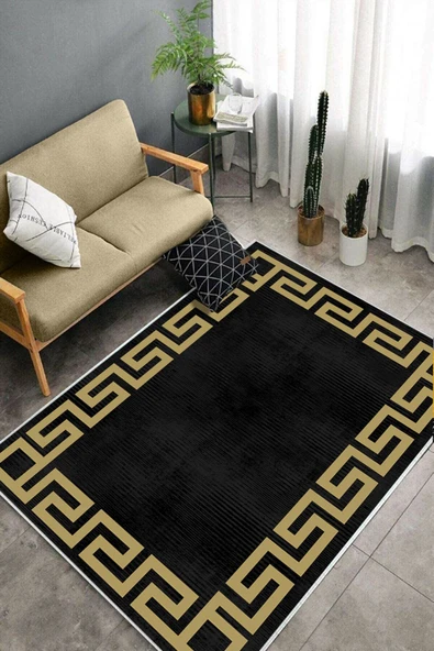 Makinede Yıkanabilir Leke Tutmaz  Siyah-Gold Deko Deri Kaymaz Taban Versace Salon Saçaksız Halı B1240-1  GÜMÜŞ-SİYAH 100 x 200 - Resim 4
