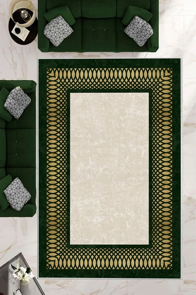 Makinede Yıkanabilir Leke Tutmaz  Haki-Krem Pvc Deri Kaymaz Taban Çerçeve Salon Saçaksız Halı B1228  LACİVERT-GOLD 80 x 300