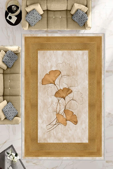 Makinede Yıkanabilir Leke Tutmaz  Gold Pvc Deri Kaymaz Taban Modern Salon Saçaksız Halı B1233  GOLD 120 x 180