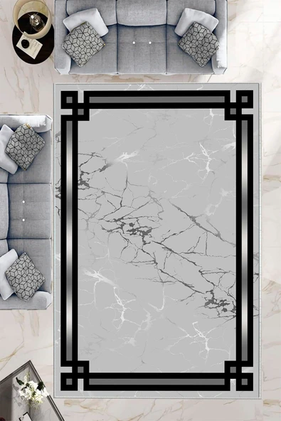 Makinede Yıkanabilir Leke Tutmaz  Gri Pvc Deri Kaymaz Taban Çerçeve Salon Saçaksız Halı B1211  GRİ 160 x 230