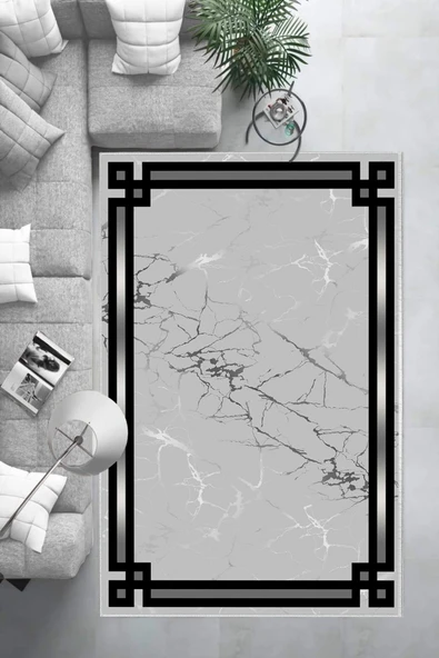 Makinede Yıkanabilir Leke Tutmaz  Gri Pvc Deri Kaymaz Taban Çerçeve Salon Saçaksız Halı B1211  GRİ 180 x 280 - 6