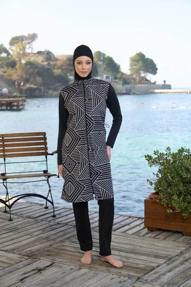 Estiva 25946 Siyah Fermuarlı Geometrik Desenli Tam Boy Tesettür Mayo