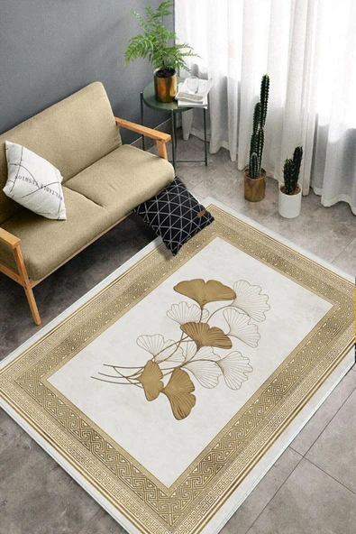 Makinede Yıkanabilir Leke Tutmaz  Krem Dot Keçe Kaymaz Taban Modern Salon Saçaksız Halı B1232  KREM-BORDO 80 x 150 - Resim 4