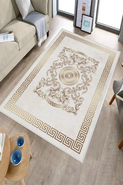 Makinede Yıkanabilir Leke Tutmaz  Krem-Gold Deko Deri Kaymaz Taban Göbekli Salon Saçaksız Halı B1236  SİYAH 100 x 300 - 3