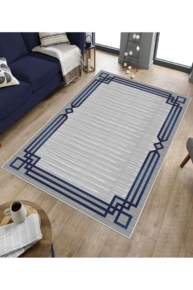 Makinede Yıkanabilir Leke Tutmaz  Lacivert Deko Deri Kaymaz Taban Çerçeveli Salon Saçaksız Halı B1266  LACİVERT 180 x 280 - Resim 5
