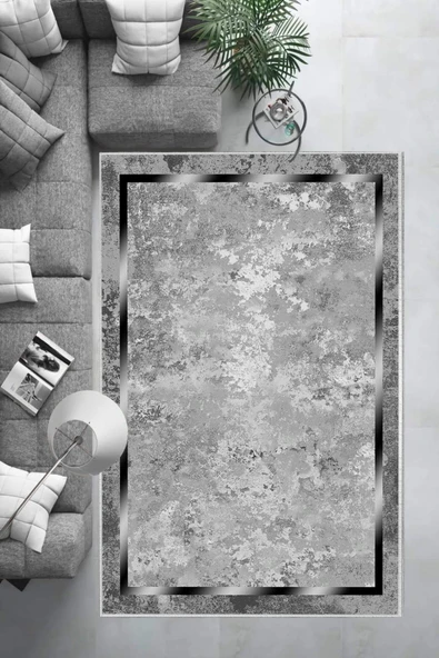 Makinede Yıkanabilir Leke Tutmaz  Gri-Gümüş Deko Deri Kaymaz Taban Salon Saçaksız Halı B1245  GRİ 160 x 230 - Resim 6