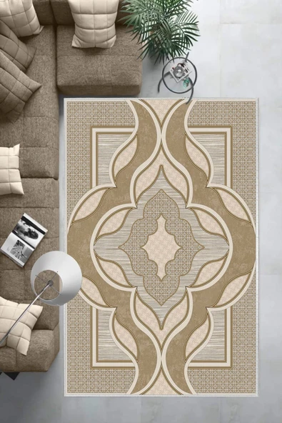 Makinede Yıkanabilir Leke Tutmaz  Kahverengi Deko Deri Kaymaz Taban Göbekli Salon Saçaksız Halı B1269  KAHVERENGİ 120 x 180 - Resim 2