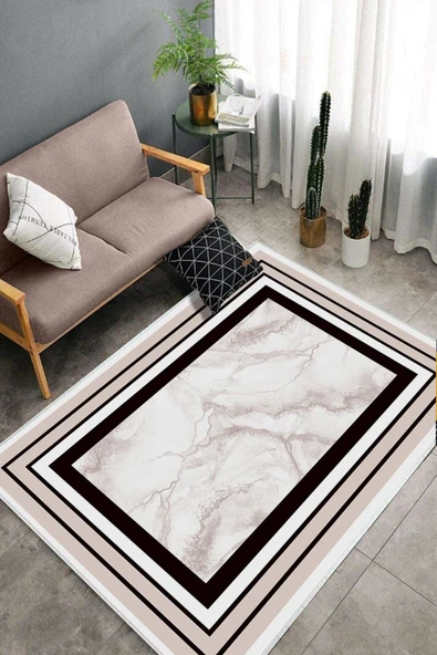 Makinede Yıkanabilir Leke Tutmaz  Pudra Deko Deri Kaymaz Taban Çerçeve Salon Saçaksız Halı B1259  PUDRA 80 x 300 - Resim 4