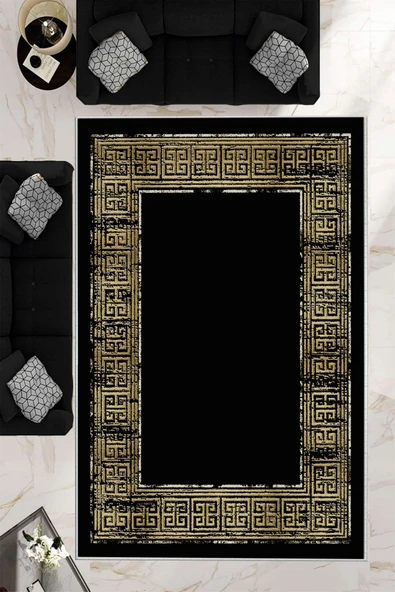 Makinede Yıkanabilir Leke Tutmaz  Siyah-Sarı Deko Deri Kaymaz Taban Çerçeveli Salon Saçaksız Halı B1252  SİYAH 80 x 300