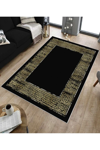 Makinede Yıkanabilir Leke Tutmaz  Siyah-Sarı Deko Deri Kaymaz Taban Çerçeveli Salon Saçaksız Halı B1252  SİYAH 80 x 300 - 5