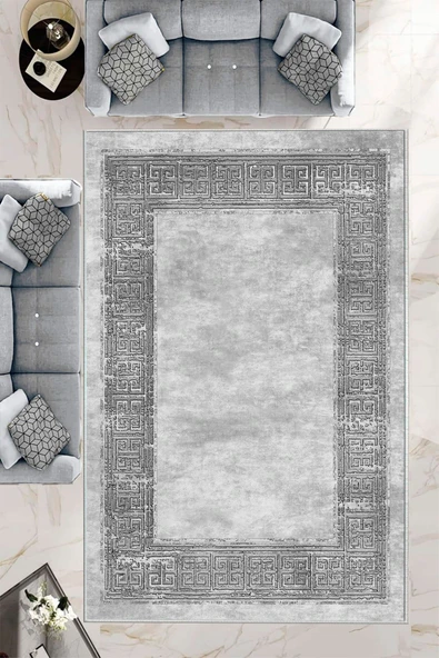 Makinede Yıkanabilir Leke Tutmaz  Gri Deko Deri Kaymaz Taban Çerçeve Salon Saçaksız Halı B1251  GRİ 80 x 300