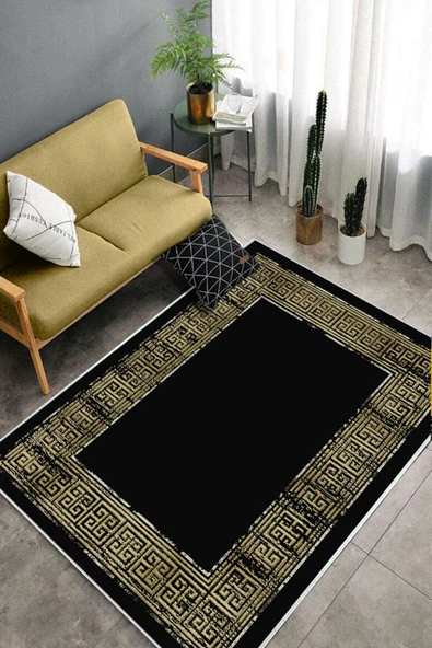 Makinede Yıkanabilir Leke Tutmaz  Siyah-Sarı Deko Deri Kaymaz Taban Çerçeveli Salon Saçaksız Halı B1252  SİYAH 80 x 300 - 4