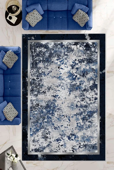 Makinede Yıkanabilir Leke Tutmaz  Lacivert Deko Deri Kaymaz Taban Modern Salon Saçaksız Halı B1246  LACİVERT 100 x 300