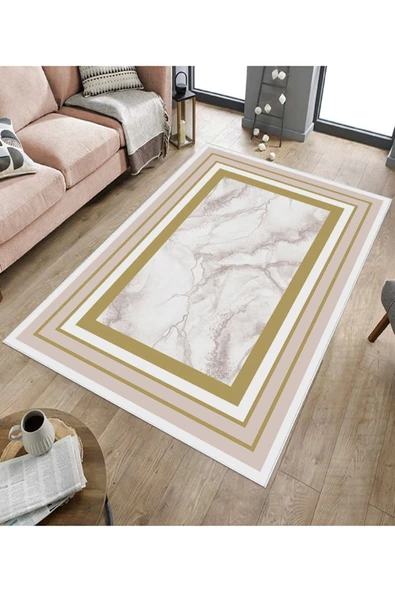 Makinede Yıkanabilir Leke Tutmaz  Pudra Deko Deri Kaymaz Taban Çerçeve Salon Saçaksız Halı B1259  PUDRA 100 x 200 - Resim 4