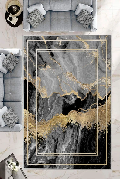 Makinede Yıkanabilir Leke Tutmaz  Siyah-Gri Pvc Deri Kaymaz Taban Modern Salon Saçaksız Halı B1248  GRİ 100 x 300