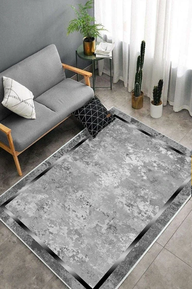 Makinede Yıkanabilir Leke Tutmaz  Gri-Gümüş Deko Deri Kaymaz Taban Salon Saçaksız Halı B1245  GRİ 160 x 230 - Resim 4