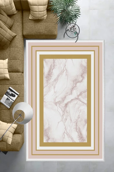 Makinede Yıkanabilir Leke Tutmaz  Pudra Deko Deri Kaymaz Taban Çerçeve Salon Saçaksız Halı B1259  PUDRA 80 x 150