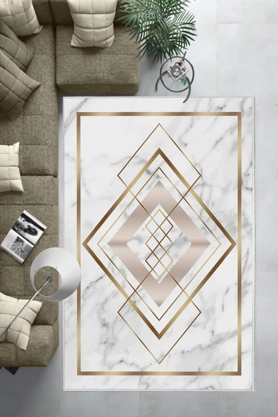 Makinede Yıkanabilir Leke Tutmaz  Gold Dot Keçe Kaymaz Taban Tasarım Salon Saçaksız Halı B1262  100 x 200 GOLD - 6