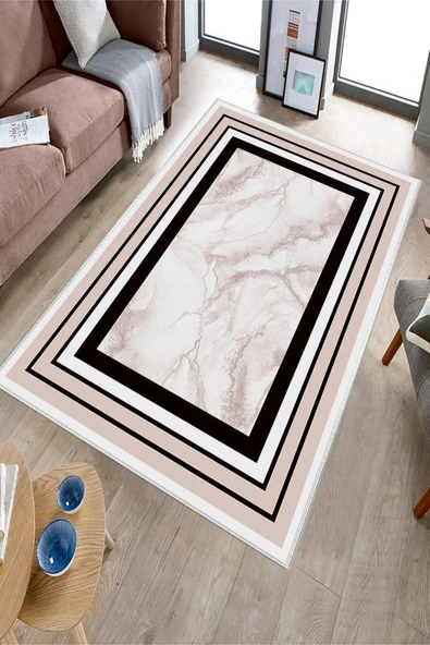 Makinede Yıkanabilir Leke Tutmaz  Pudra Deko Deri Kaymaz Taban Çerçeve Salon Saçaksız Halı B1259  PUDRA 80 x 300 - Resim 3
