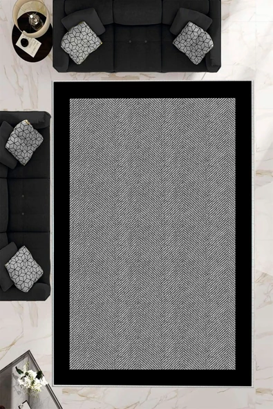 Makinede Yıkanabilir Leke Tutmaz  Siyah Pvc Deri Kaymaz Taban Modern Salon Saçaksız Halı B1255  SİYAH 160 x 230