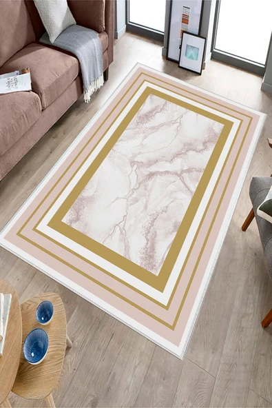 Makinede Yıkanabilir Leke Tutmaz  Pudra Deko Deri Kaymaz Taban Çerçeve Salon Saçaksız Halı B1259  PUDRA 100 x 200 - Resim 2