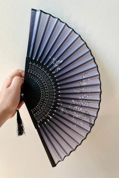 Beluga Yelpaze Bambu Vintage Siyah Bahar Dalı Desenli Şık Püsküllü Japon Yelpaze 0327