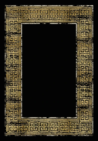 Makinede Yıkanabilir Leke Tutmaz  Siyah-Sarı Deko Deri Kaymaz Taban Çerçeveli Salon Saçaksız Halı B1252  SİYAH 80 x 300 - 2