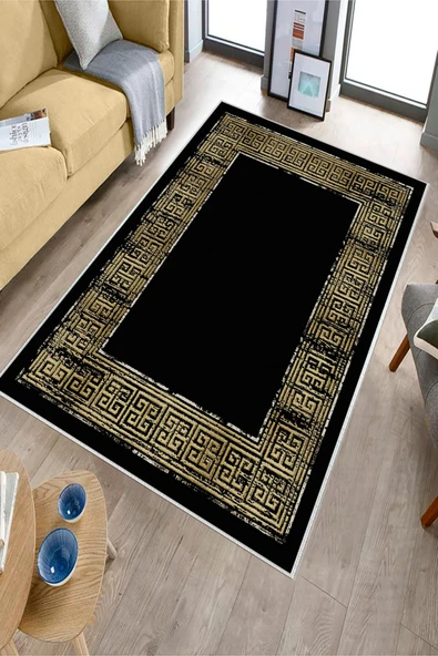 Makinede Yıkanabilir Leke Tutmaz  Siyah-Sarı Deko Deri Kaymaz Taban Çerçeveli Salon Saçaksız Halı B1252  SİYAH 80 x 300 - 3