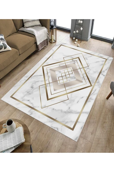 Makinede Yıkanabilir Leke Tutmaz  Gold Dot Keçe Kaymaz Taban Tasarım Salon Saçaksız Halı B1262  100 x 200 GOLD - 5