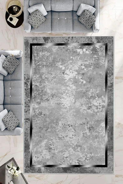 Makinede Yıkanabilir Leke Tutmaz  Gri-Gümüş Deko Deri Kaymaz Taban Salon Saçaksız Halı B1245  GRİ 160 x 230 ürün görseli