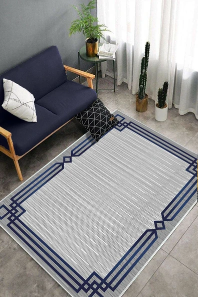 Makinede Yıkanabilir Leke Tutmaz  Lacivert Deko Deri Kaymaz Taban Çerçeveli Salon Saçaksız Halı B1266  LACİVERT 180 x 280 - Resim 4