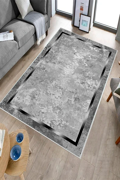Makinede Yıkanabilir Leke Tutmaz  Gri-Gümüş Deko Deri Kaymaz Taban Salon Saçaksız Halı B1245  GRİ 160 x 230 - Resim 3