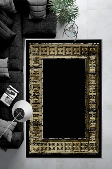 Makinede Yıkanabilir Leke Tutmaz  Siyah-Sarı Deko Deri Kaymaz Taban Çerçeveli Salon Saçaksız Halı B1252  SİYAH 80 x 300 - 6