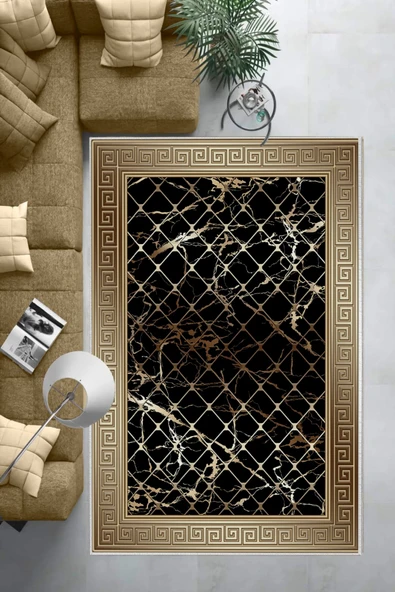 Makinede Yıkanabilir Leke Tutmaz  Vizon-Siyah Deko Deri Kaymaz Taban Versace Salon Saçaksız Halı B1277-1  VİZON-SİYAH 80 x 150 - 6