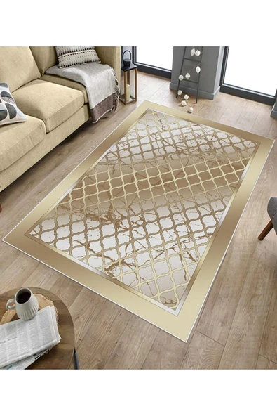 Makinede Yıkanabilir Leke Tutmaz  Gold Pvc Deri Kaymaz Taban Modern Salon Saçaksız Halı B1283  GOLD 100 x 200 - 5