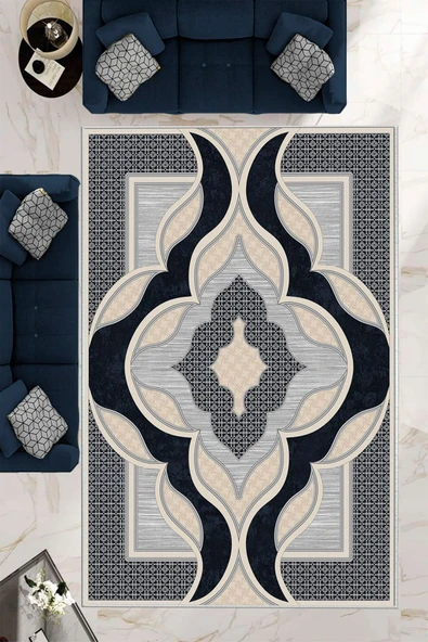Makinede Yıkanabilir Leke Tutmaz  Lacivert Deko Deri Kaymaz Taban Göbekli Salon Saçaksız Halı B1272  LACİVERT 100 x 300