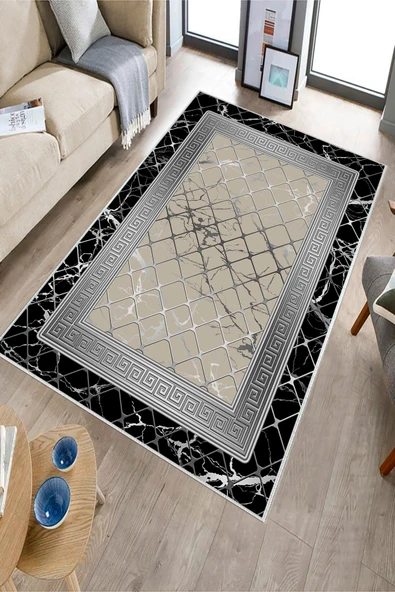 Makinede Yıkanabilir Leke Tutmaz  Siyah-Vizon Deko Deri Kaymaz Taban Versace Salon Saçaksız Halı B1294-1  SİYAH-VİZON 120 x 180 - Resim 3