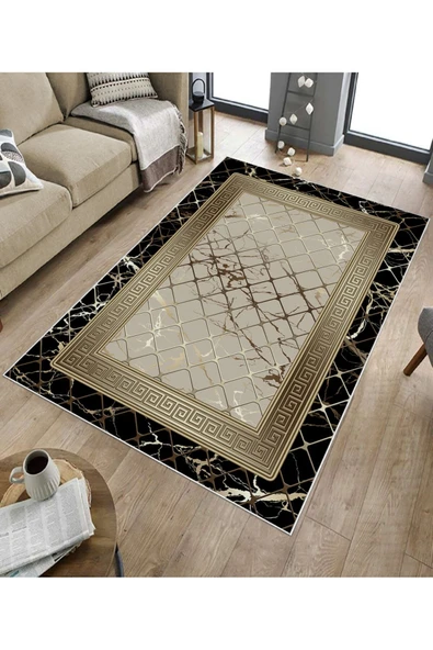 Makinede Yıkanabilir Leke Tutmaz  Siyah-Vizon Deko Deri Kaymaz Taban Versace Salon Saçaksız Halı B1278  SİYAH VİZON 100 x 300 - Resim 5