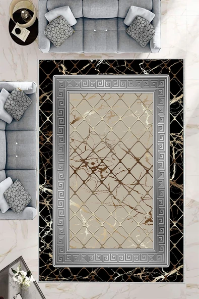 Makinede Yıkanabilir Leke Tutmaz  Siyah-Gri Dot Keçe Kaymaz Taban Versace Salon Saçaksız Halı B1278-1  GOLD-VİZON 160 x 230