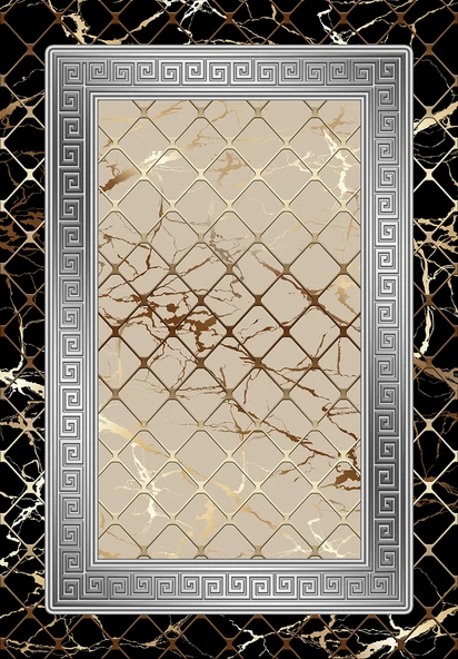 Makinede Yıkanabilir Leke Tutmaz  Siyah-Gri Dot Keçe Kaymaz Taban Versace Salon Saçaksız Halı B1278-1  GOLD-VİZON 180 x 280 - Resim 2