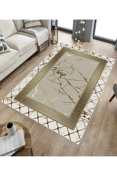Makinede Yıkanabilir Leke Tutmaz  Krem-Vizon Deko Deri Kaymaz Taban Versace Salon Saçaksız Halı B1281-1  KREM-VİZON 100 x 200 - 5