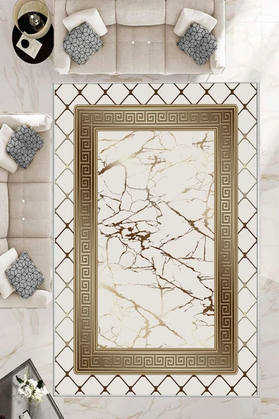Makinede Yıkanabilir Leke Tutmaz  Krem-Gold Deko Deri Kaymaz Taban Versace Salon Saçaksız Halı B1282  KREM-GOLD 80 x 200