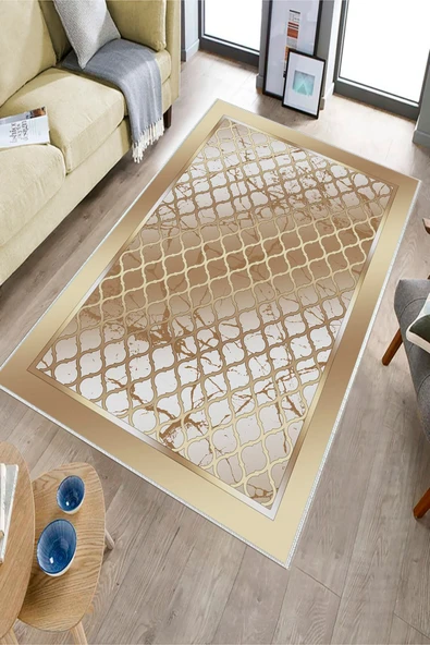Makinede Yıkanabilir Leke Tutmaz  Gold Pvc Deri Kaymaz Taban Modern Salon Saçaksız Halı B1283  GOLD 100 x 200 - 3