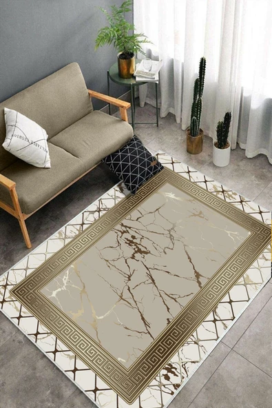 Makinede Yıkanabilir Leke Tutmaz  Krem-Vizon Deko Deri Kaymaz Taban Versace Salon Saçaksız Halı B1281-1  KREM-VİZON 80 x 300 - Resim 4