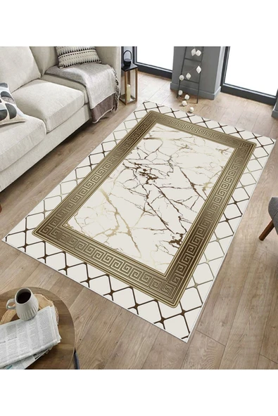 Makinede Yıkanabilir Leke Tutmaz Krem-Gold Deko Deri Kaymaz Taban Versace Salon Saçaksız Halı B1282 KREM-GOLD 200 x 300 - 5