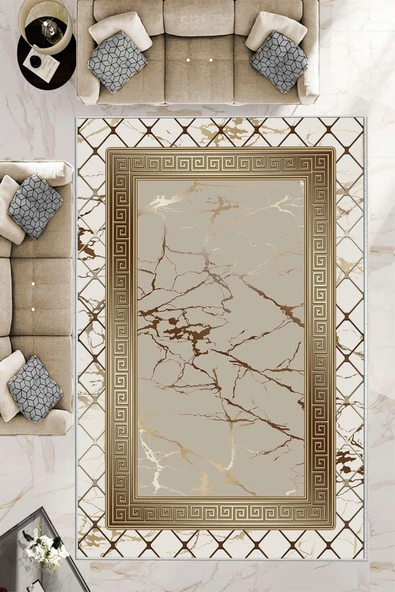 Makinede Yıkanabilir Leke Tutmaz  Krem-Vizon Deko Deri Kaymaz Taban Versace Salon Saçaksız Halı B1281-1  KREM-VİZON 100 x 200